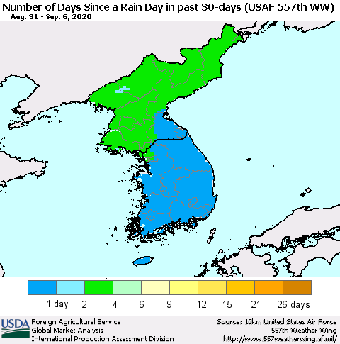 Korea Number of Days Since a Rain Day in past 30 days (USAF 557th WW) Thematic Map For 8/31/2020 - 9/6/2020