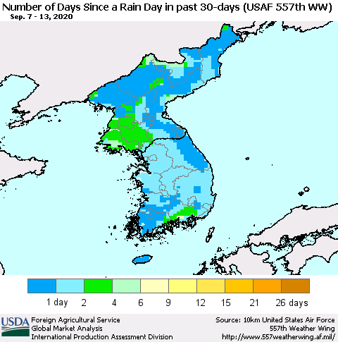 Korea Number of Days Since a Rain Day in past 30 days (USAF 557th WW) Thematic Map For 9/7/2020 - 9/13/2020