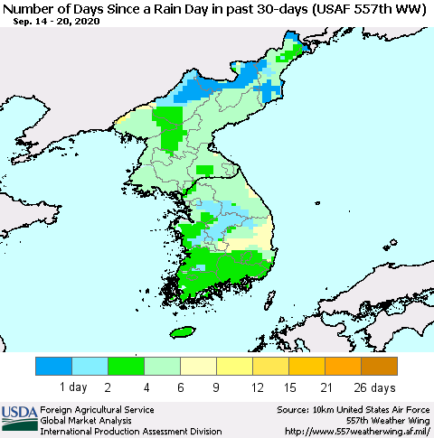 Korea Number of Days Since a Rain Day in past 30 days (USAF 557th WW) Thematic Map For 9/14/2020 - 9/20/2020