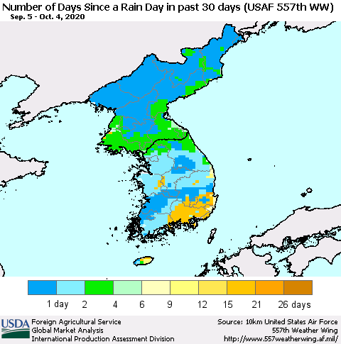 Korea Number of Days Since a Rain Day in past 30 days (USAF 557th WW) Thematic Map For 9/28/2020 - 10/4/2020