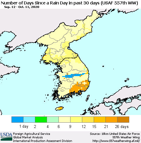 Korea Number of Days Since a Rain Day in past 30 days (USAF 557th WW) Thematic Map For 10/5/2020 - 10/11/2020