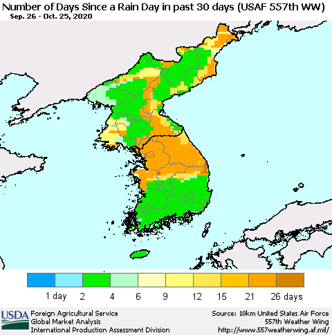Korea Number of Days Since a Rain Day in past 30 days (USAF 557th WW) Thematic Map For 10/19/2020 - 10/25/2020