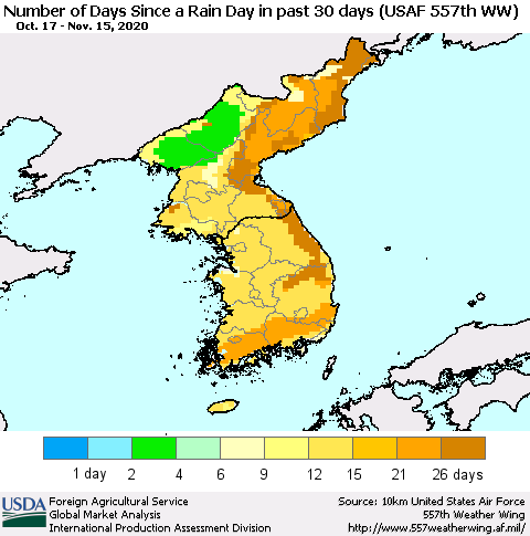 Korea Number of Days Since a Rain Day in past 30 days (USAF 557th WW) Thematic Map For 11/9/2020 - 11/15/2020