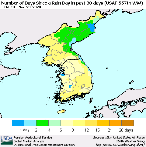 Korea Number of Days Since a Rain Day in past 30 days (USAF 557th WW) Thematic Map For 11/23/2020 - 11/29/2020