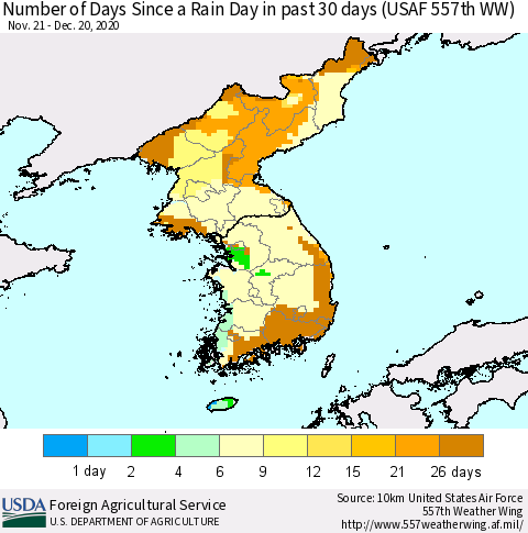 Korea Number of Days Since a Rain Day in past 30 days (USAF 557th WW) Thematic Map For 12/14/2020 - 12/20/2020