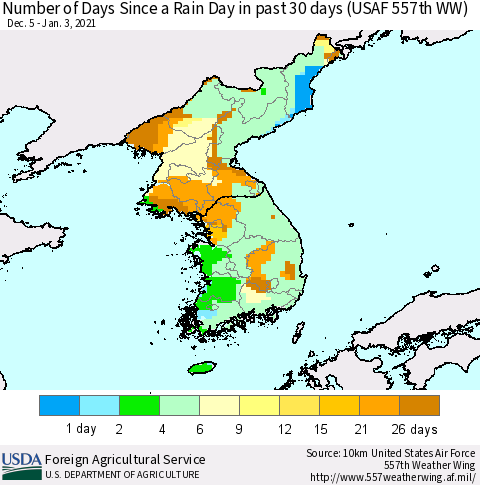 Korea Number of Days Since a Rain Day in past 30 days (USAF 557th WW) Thematic Map For 12/28/2020 - 1/3/2021