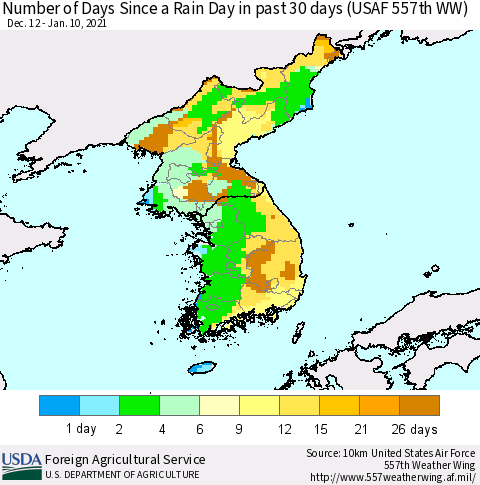 Korea Number of Days Since a Rain Day in past 30 days (USAF 557th WW) Thematic Map For 1/4/2021 - 1/10/2021