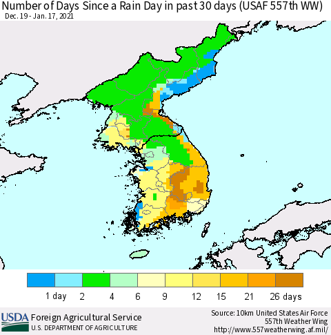 Korea Number of Days Since a Rain Day in past 30 days (USAF 557th WW) Thematic Map For 1/11/2021 - 1/17/2021