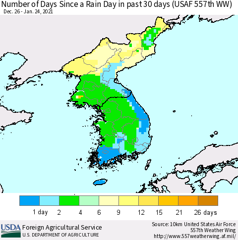 Korea Number of Days Since a Rain Day in past 30 days (USAF 557th WW) Thematic Map For 1/18/2021 - 1/24/2021