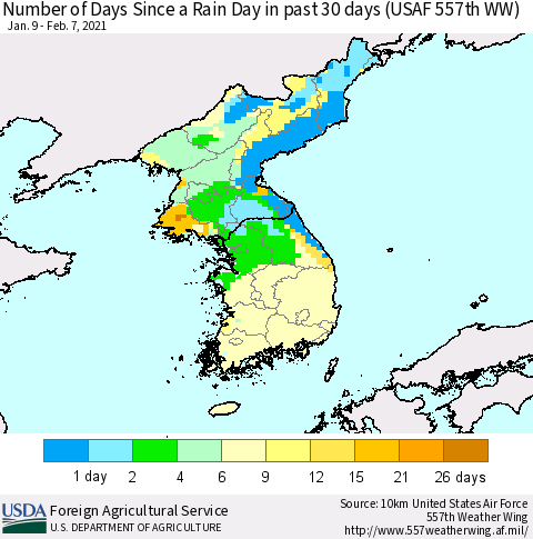 Korea Number of Days Since a Rain Day in past 30 days (USAF 557th WW) Thematic Map For 2/1/2021 - 2/7/2021
