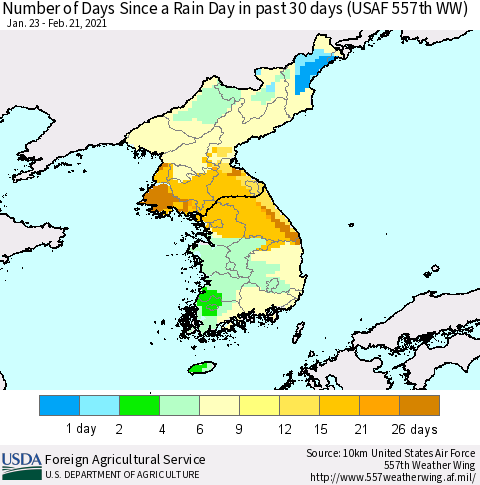 Korea Number of Days Since a Rain Day in past 30 days (USAF 557th WW) Thematic Map For 2/15/2021 - 2/21/2021