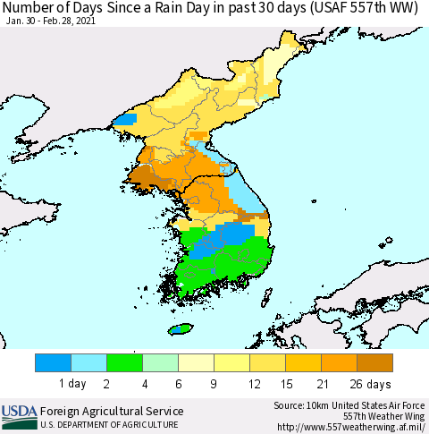 Korea Number of Days Since a Rain Day in past 30 days (USAF 557th WW) Thematic Map For 2/22/2021 - 2/28/2021