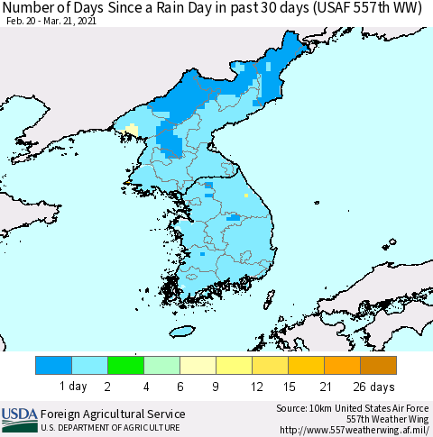 Korea Number of Days Since a Rain Day in past 30 days (USAF 557th WW) Thematic Map For 3/15/2021 - 3/21/2021
