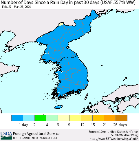 Korea Number of Days Since a Rain Day in past 30 days (USAF 557th WW) Thematic Map For 3/22/2021 - 3/28/2021