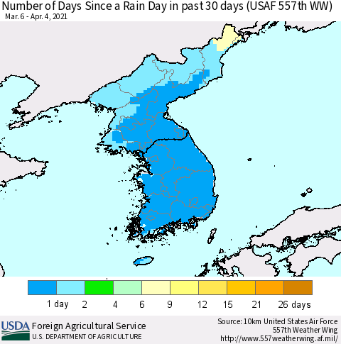 Korea Number of Days Since a Rain Day in past 30 days (USAF 557th WW) Thematic Map For 3/29/2021 - 4/4/2021