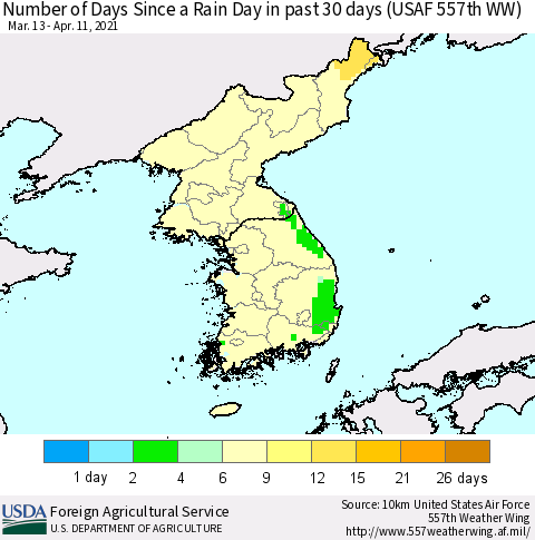 Korea Number of Days Since a Rain Day in past 30 days (USAF 557th WW) Thematic Map For 4/5/2021 - 4/11/2021