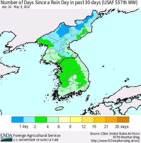 Korea Number of Days Since a Rain Day in past 30 days (USAF 557th WW) Thematic Map For 5/3/2021 - 5/9/2021