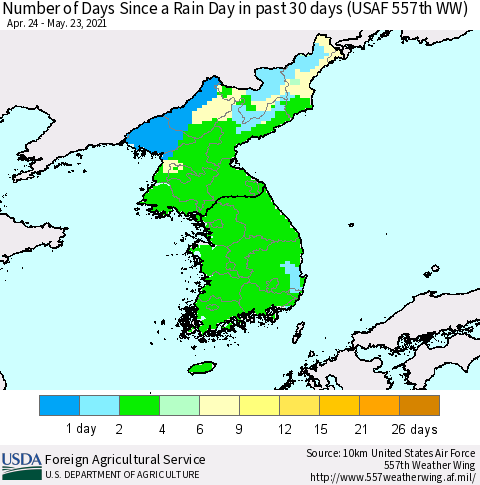 Korea Number of Days Since a Rain Day in past 30 days (USAF 557th WW) Thematic Map For 5/17/2021 - 5/23/2021