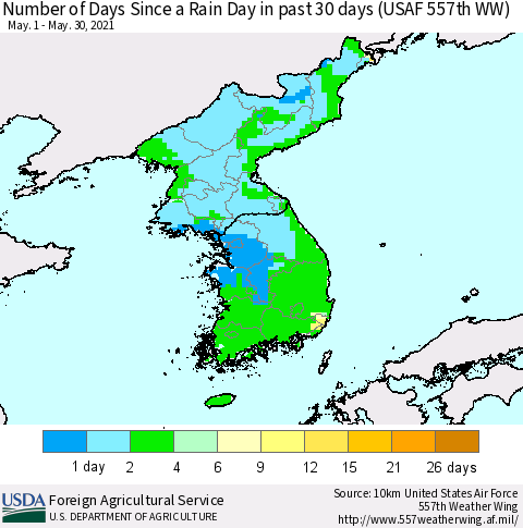 Korea Number of Days Since a Rain Day in past 30 days (USAF 557th WW) Thematic Map For 5/24/2021 - 5/30/2021