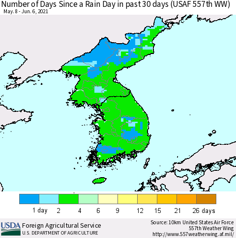 Korea Number of Days Since a Rain Day in past 30 days (USAF 557th WW) Thematic Map For 5/31/2021 - 6/6/2021