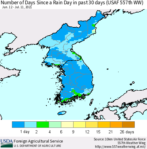 Korea Number of Days Since a Rain Day in past 30 days (USAF 557th WW) Thematic Map For 7/5/2021 - 7/11/2021