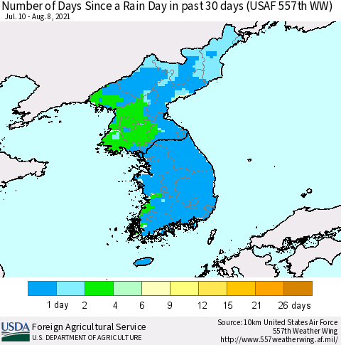 Korea Number of Days Since a Rain Day in past 30 days (USAF 557th WW) Thematic Map For 8/2/2021 - 8/8/2021