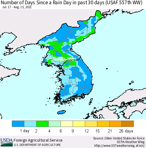 Korea Number of Days Since a Rain Day in past 30 days (USAF 557th WW) Thematic Map For 8/9/2021 - 8/15/2021