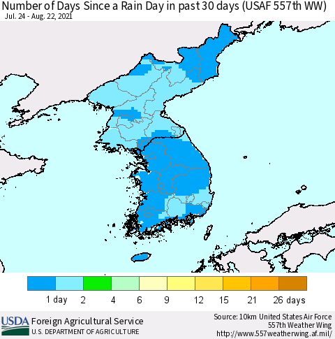 Korea Number of Days Since a Rain Day in past 30 days (USAF 557th WW) Thematic Map For 8/16/2021 - 8/22/2021