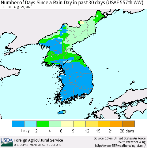 Korea Number of Days Since a Rain Day in past 30 days (USAF 557th WW) Thematic Map For 8/23/2021 - 8/29/2021
