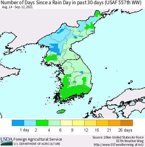 Korea Number of Days Since a Rain Day in past 30 days (USAF 557th WW) Thematic Map For 9/6/2021 - 9/12/2021