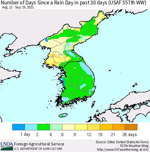 Korea Number of Days Since a Rain Day in past 30 days (USAF 557th WW) Thematic Map For 9/13/2021 - 9/19/2021