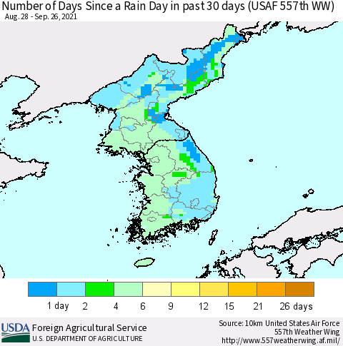 Korea Number of Days Since a Rain Day in past 30 days (USAF 557th WW) Thematic Map For 9/20/2021 - 9/26/2021