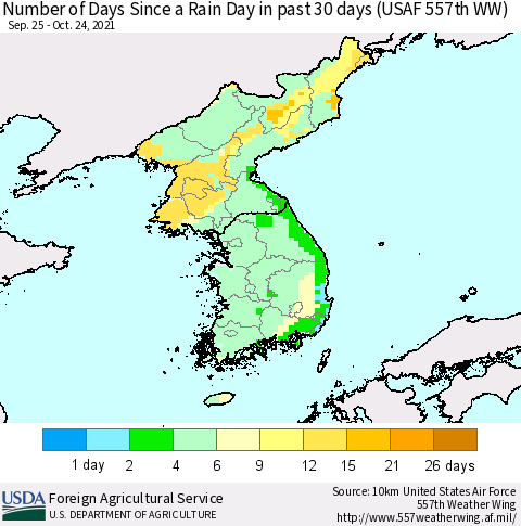 Korea Number of Days Since a Rain Day in past 30 days (USAF 557th WW) Thematic Map For 10/18/2021 - 10/24/2021