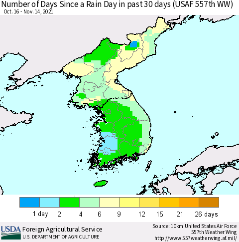 Korea Number of Days Since a Rain Day in past 30 days (USAF 557th WW) Thematic Map For 11/8/2021 - 11/14/2021