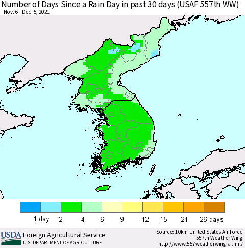 Korea Number of Days Since a Rain Day in past 30 days (USAF 557th WW) Thematic Map For 11/29/2021 - 12/5/2021
