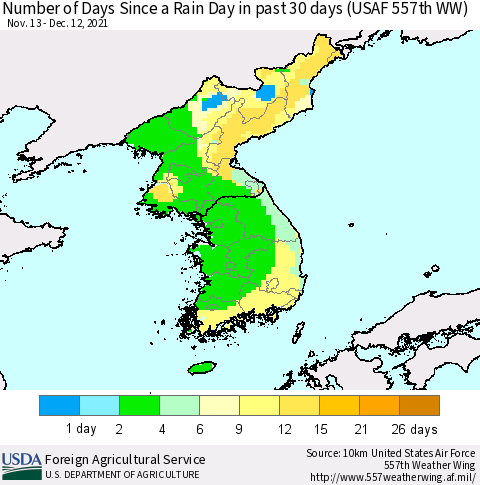 Korea Number of Days Since a Rain Day in past 30 days (USAF 557th WW) Thematic Map For 12/6/2021 - 12/12/2021