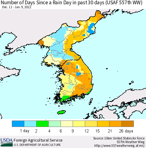 Korea Number of Days Since a Rain Day in past 30 days (USAF 557th WW) Thematic Map For 1/3/2022 - 1/9/2022