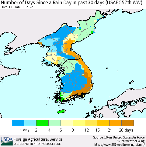 Korea Number of Days Since a Rain Day in past 30 days (USAF 557th WW) Thematic Map For 1/10/2022 - 1/16/2022