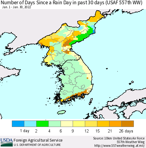 Korea Number of Days Since a Rain Day in past 30 days (USAF 557th WW) Thematic Map For 1/24/2022 - 1/30/2022