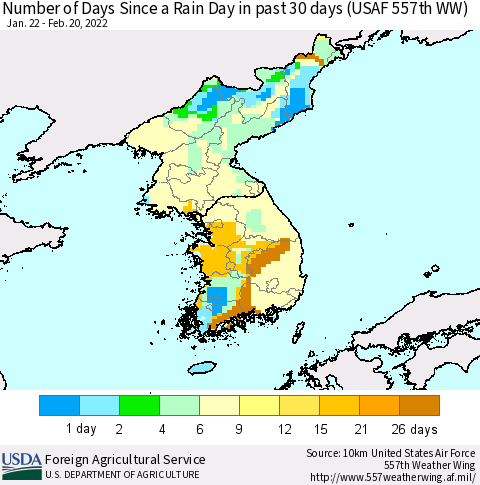 Korea Number of Days Since a Rain Day in past 30 days (USAF 557th WW) Thematic Map For 2/14/2022 - 2/20/2022