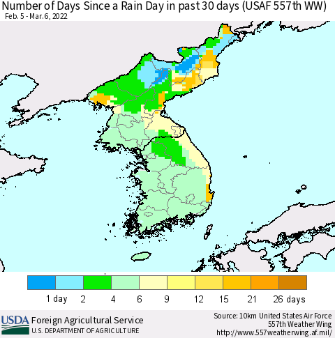 Korea Number of Days Since a Rain Day in past 30 days (USAF 557th WW) Thematic Map For 2/28/2022 - 3/6/2022