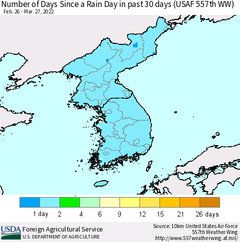 Korea Number of Days Since a Rain Day in past 30 days (USAF 557th WW) Thematic Map For 3/21/2022 - 3/27/2022