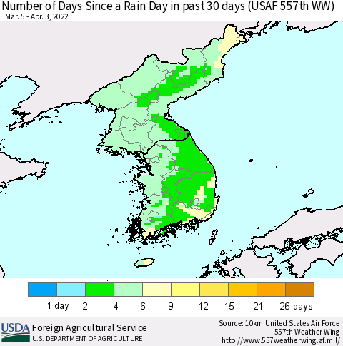 Korea Number of Days Since a Rain Day in past 30 days (USAF 557th WW) Thematic Map For 3/28/2022 - 4/3/2022