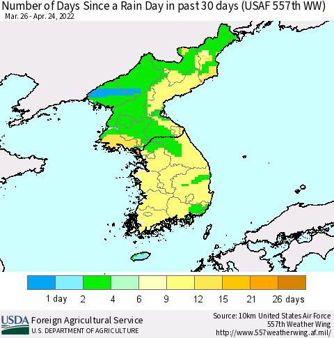 Korea Number of Days Since a Rain Day in past 30 days (USAF 557th WW) Thematic Map For 4/18/2022 - 4/24/2022