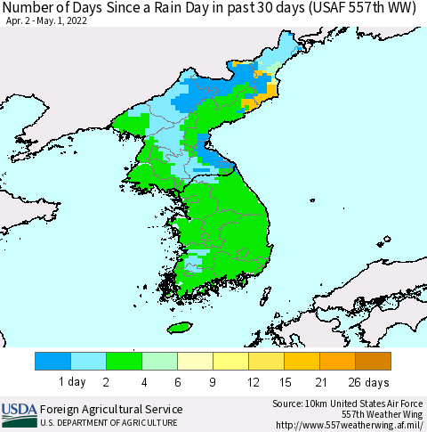 Korea Number of Days Since a Rain Day in past 30 days (USAF 557th WW) Thematic Map For 4/25/2022 - 5/1/2022