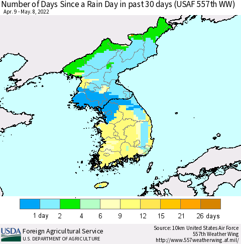 Korea Number of Days Since a Rain Day in past 30 days (USAF 557th WW) Thematic Map For 5/2/2022 - 5/8/2022