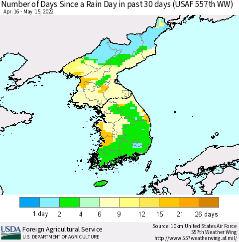 Korea Number of Days Since a Rain Day in past 30 days (USAF 557th WW) Thematic Map For 5/9/2022 - 5/15/2022