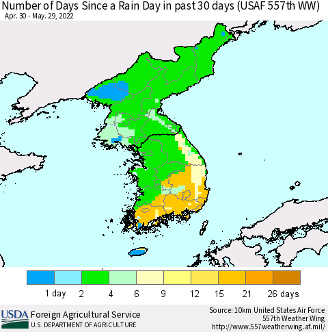 Korea Number of Days Since a Rain Day in past 30 days (USAF 557th WW) Thematic Map For 5/23/2022 - 5/29/2022