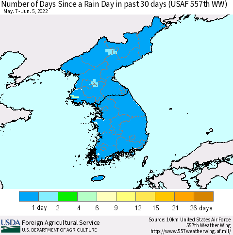 Korea Number of Days Since a Rain Day in past 30 days (USAF 557th WW) Thematic Map For 5/30/2022 - 6/5/2022