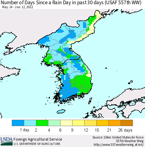 Korea Number of Days Since a Rain Day in past 30 days (USAF 557th WW) Thematic Map For 6/6/2022 - 6/12/2022